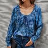 * Clothing | Hot Sale Camisa Blue Floral Ruched Scoop Neck Long-Sleeve Top Women