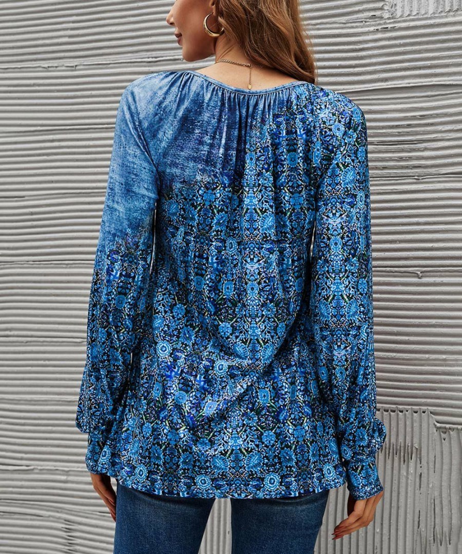 * Clothing | Hot Sale Camisa Blue Floral Ruched Scoop Neck Long-Sleeve Top Women