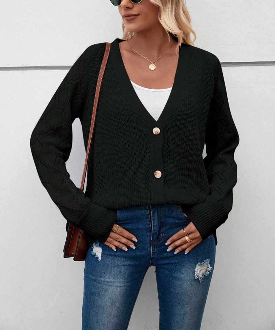 * Clothing | Best Deal Camisa Black Diamond-Knit Button-Up V-Neck Cardigan Women