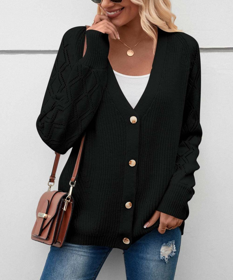 * Clothing | Best Deal Camisa Black Diamond-Knit Button-Up V-Neck Cardigan Women