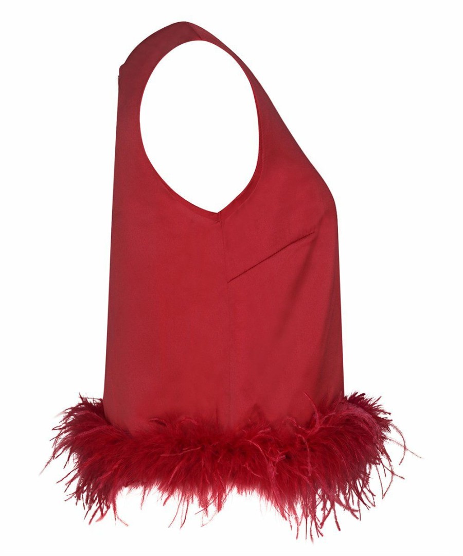 * Clothing | Wholesale Camisa Red Fluff-Trim Sleeveless Top Women