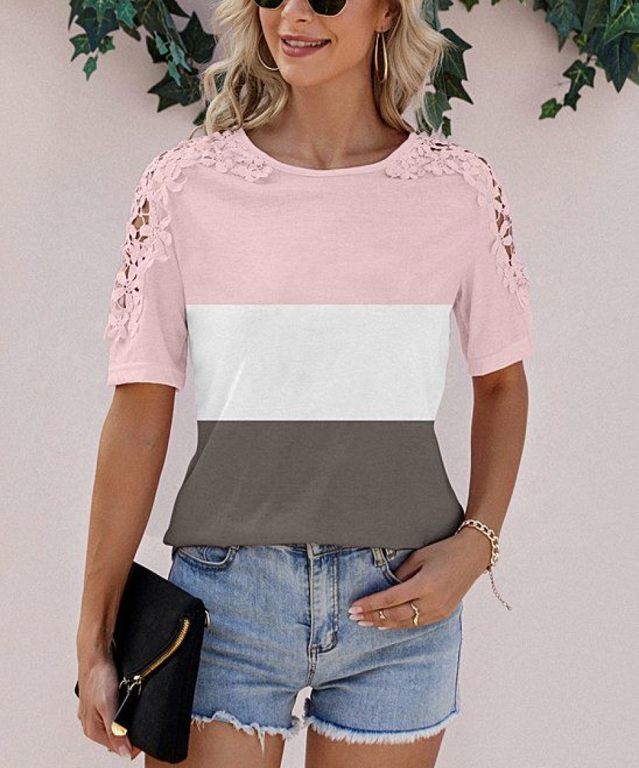 * Clothing | Cheapest Camisa Pink Color Block Lace-Sleeve Top Women