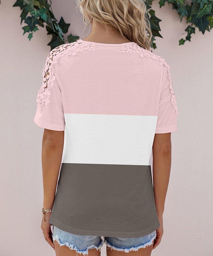 * Clothing | Cheapest Camisa Pink Color Block Lace-Sleeve Top Women