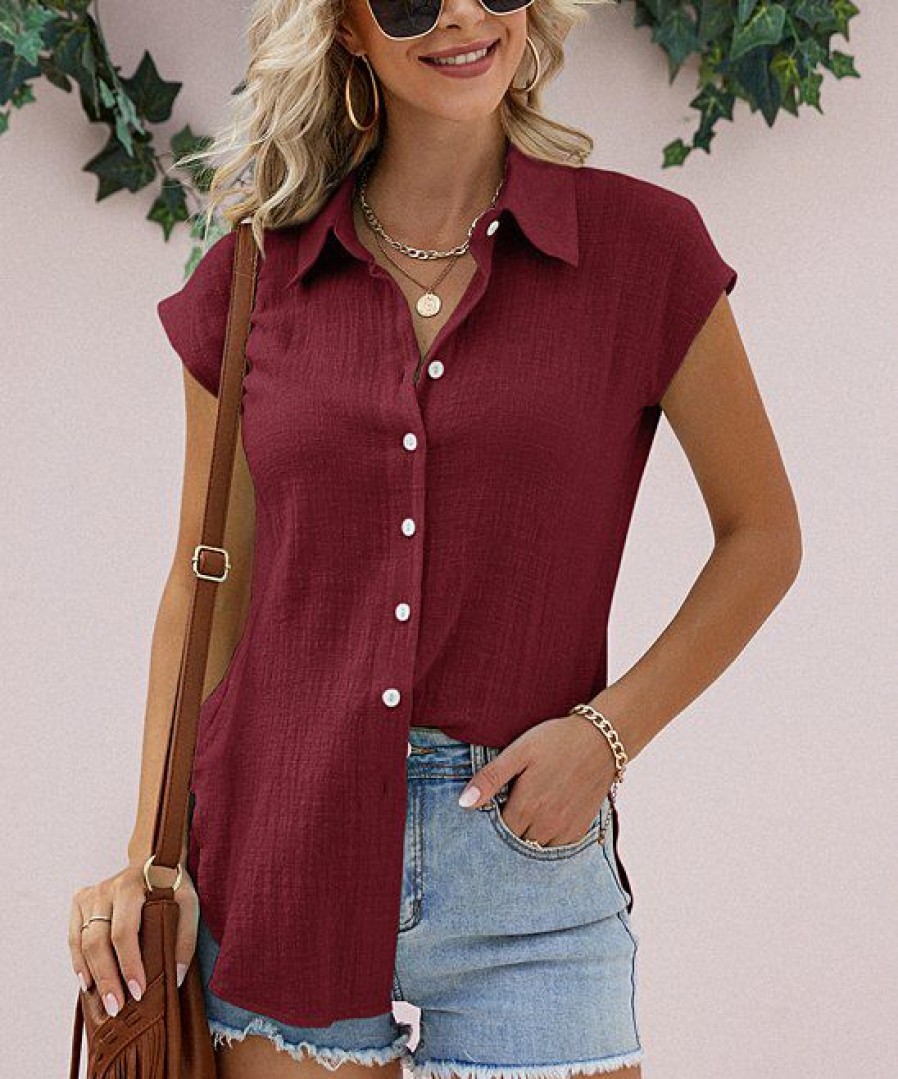 * Clothing | Buy Camisa Wine Button-Up Short-Sleeve Blouse Women