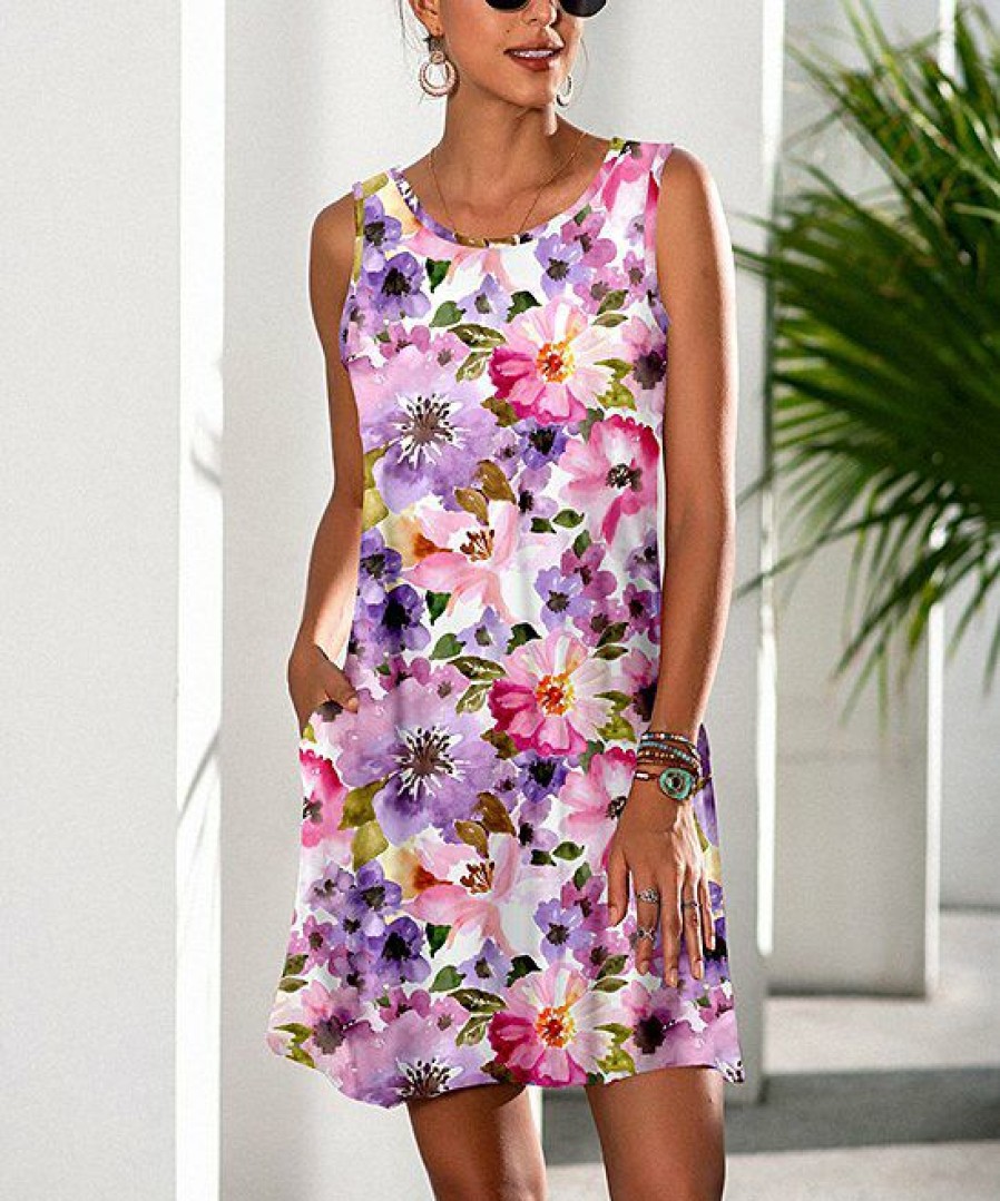 * Clothing | Best Deal Camisa Purple Floral Sleeveless Pocket Dress Women