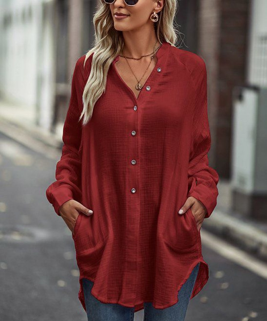 * Clothing | Flash Sale Camisa Wine Relaxed Notch Neck Button-Up Top Women