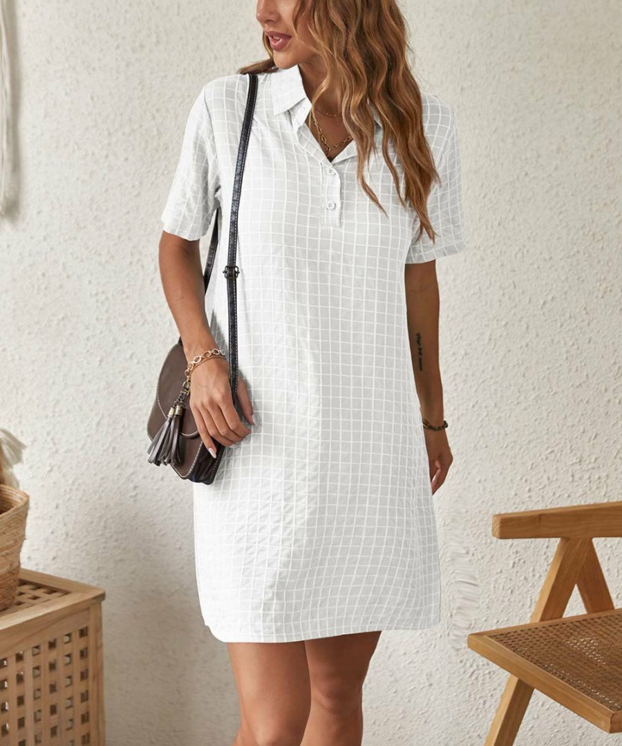 * Clothing | Budget Camisa White Plaid Button-Front Shirt Dress Women