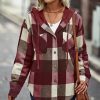 * Clothing | Best Sale Camisa Wine & Cream Plaid Hooded Shacket Women