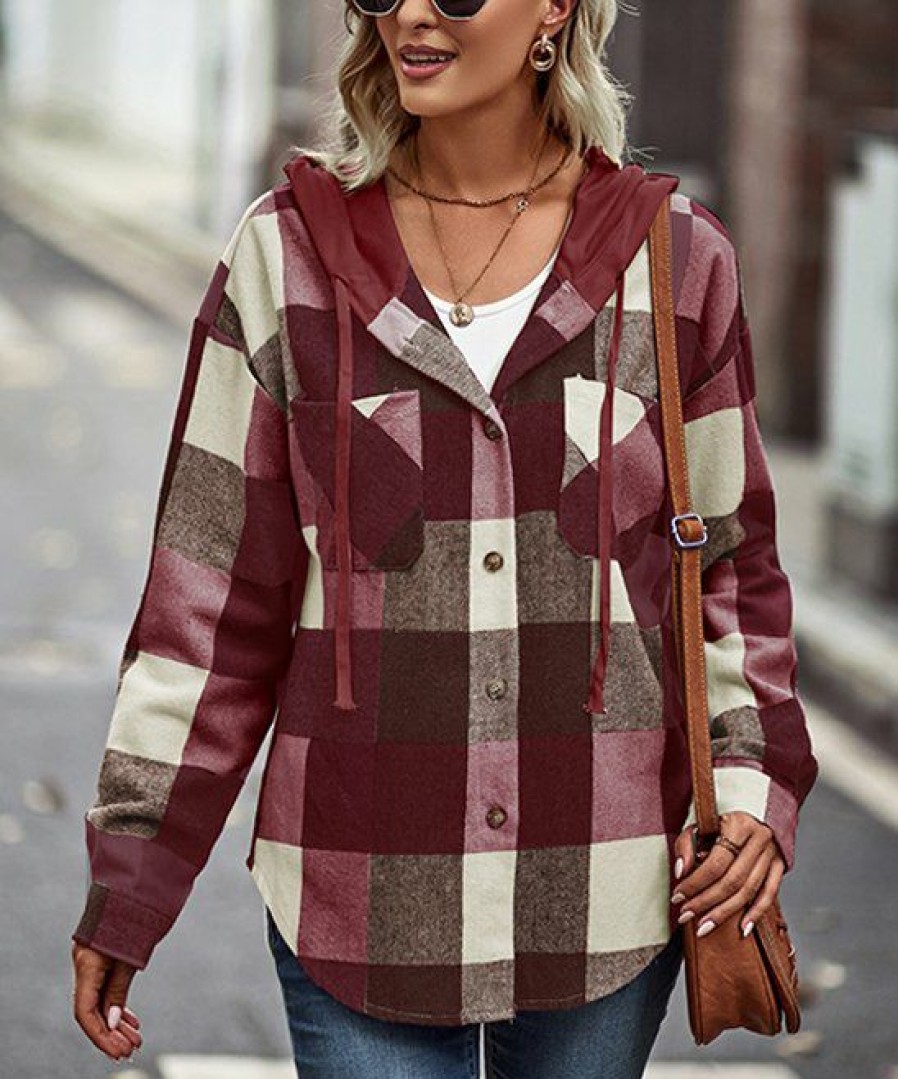 * Clothing | Best Sale Camisa Wine & Cream Plaid Hooded Shacket Women