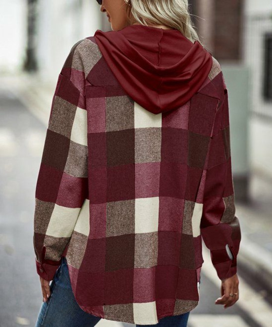 * Clothing | Best Sale Camisa Wine & Cream Plaid Hooded Shacket Women