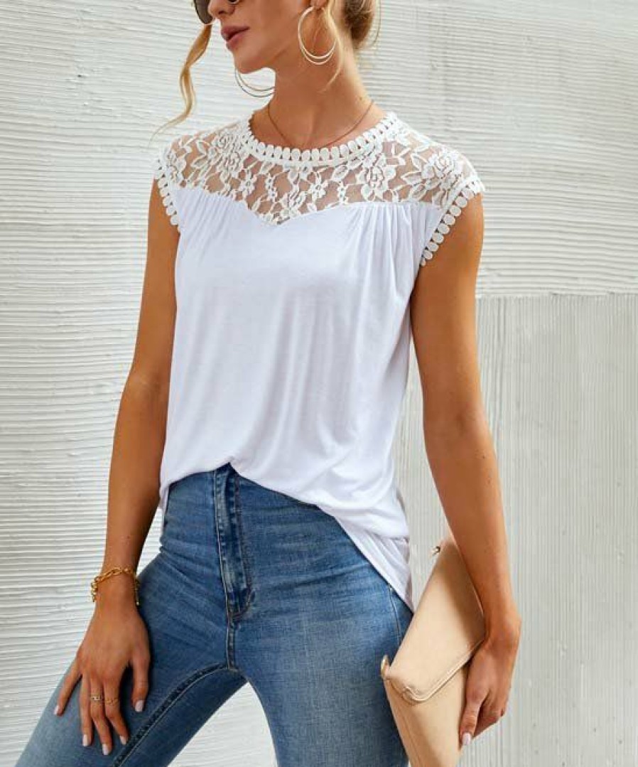 * Clothing | Deals Camisa White Lace-Yoke Cap-Sleeve Top Women