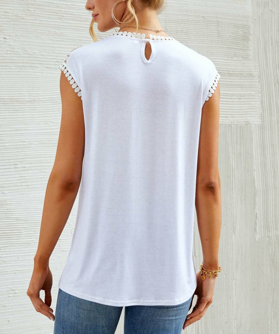 * Clothing | Deals Camisa White Lace-Yoke Cap-Sleeve Top Women