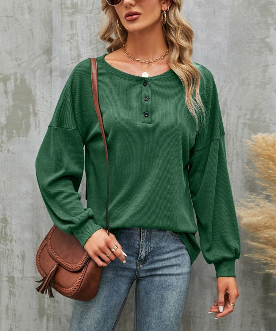 * Clothing | Wholesale Camisa Green Drop-Shoulder Button-Front Top Women