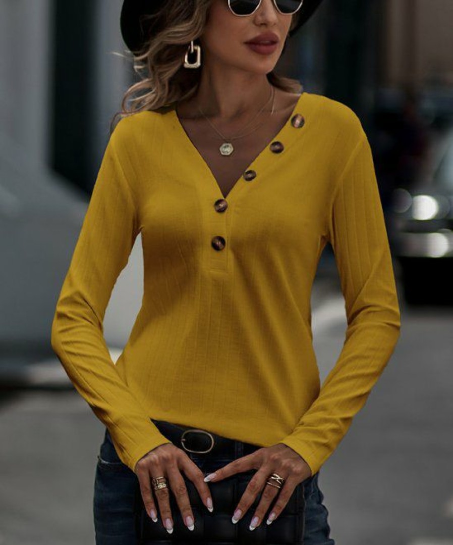 * Clothing | Cheap Camisa Yellow Button-Trim V-Neck Top Women